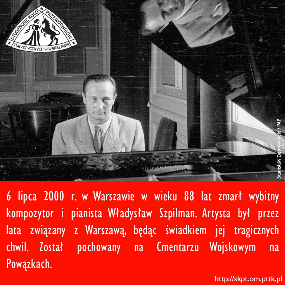 6 lipca 2000 r. w Warszawie w wieku 88 lat zmarł wybitny kompozytor i pianista Władysław Szpilman. Artysta był przez lata związany z Warszawą, będąc świadkiem jej tragicznych chwil. Został pochowany na Cmentarzu Wojskowym na Powązkach.
#zwiedzajzskptordie #warszawa #varsaviana #skptwarszawa #pttk #wladyslawszpilman #władysławszpilman #pianista #polskieradio