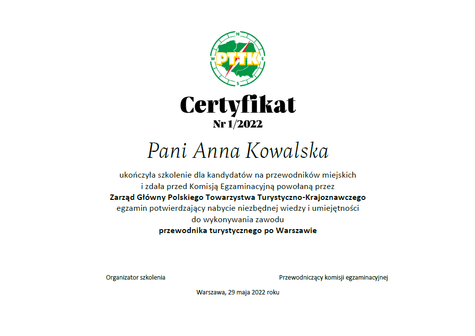 certyfikat wystawiony przez Przewodniczącego Komisji Egzaminacyjnej PTTK